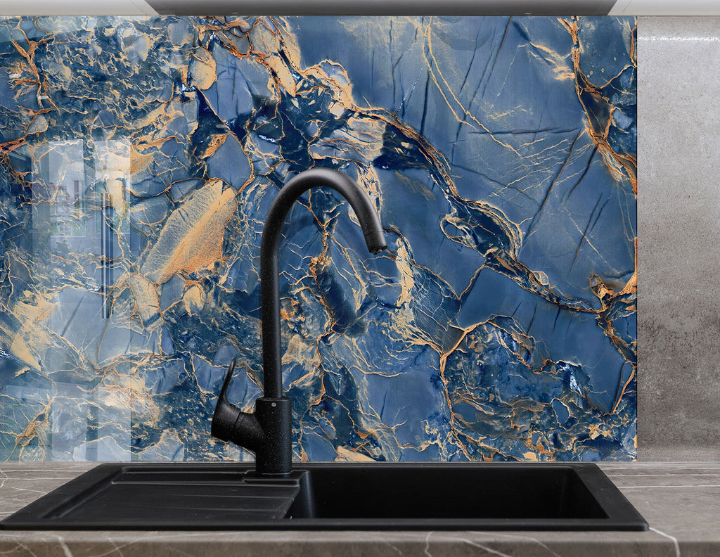 Blue Sapphire Elegance - Glass Kitchen Backsplash-BacksplashArtworks
