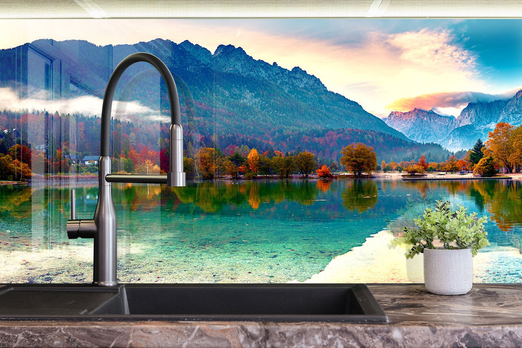 Majestic Mountain Lake – Glass Kitchen Backsplash-BacksplashArtworks