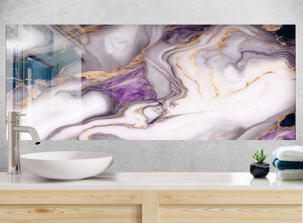 Purple & White Marble with Gold Accents - Glass Kitchen Backsplash-BacksplashArtworks