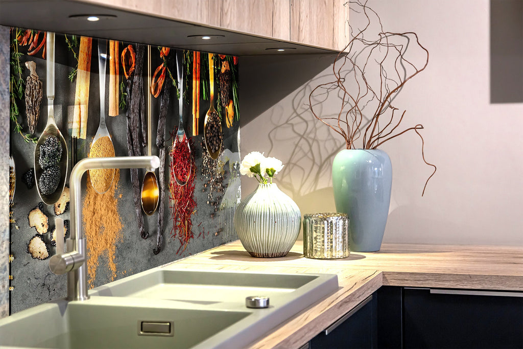 Gourmet Spice Elegance - Tempered Glass Kitchen Backsplash-BacksplashArtworks
