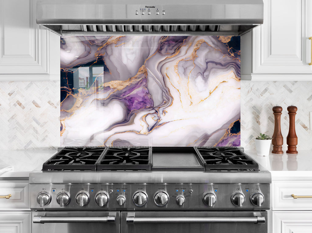 Purple & White Marble with Gold Accents - Glass Kitchen Backsplash-BacksplashArtworks