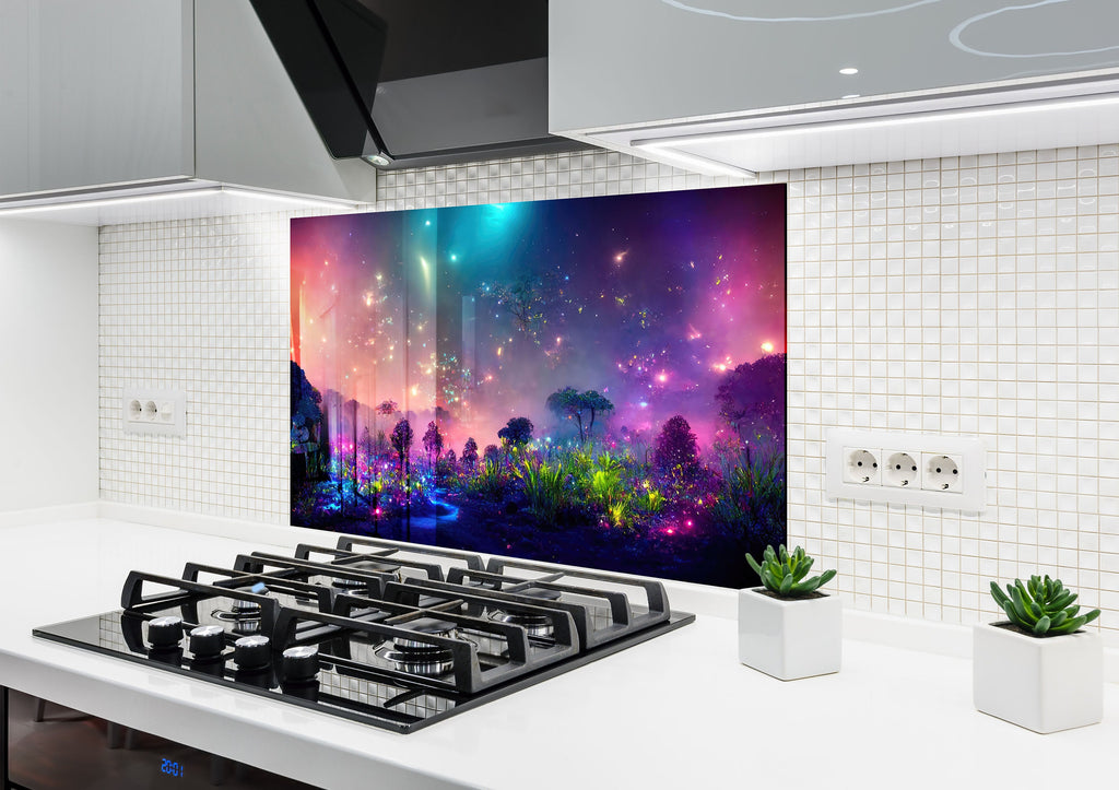 Mystical Cosmic Garden Glass Backsplash – Enchanted Forest Design-BacksplashArtworks
