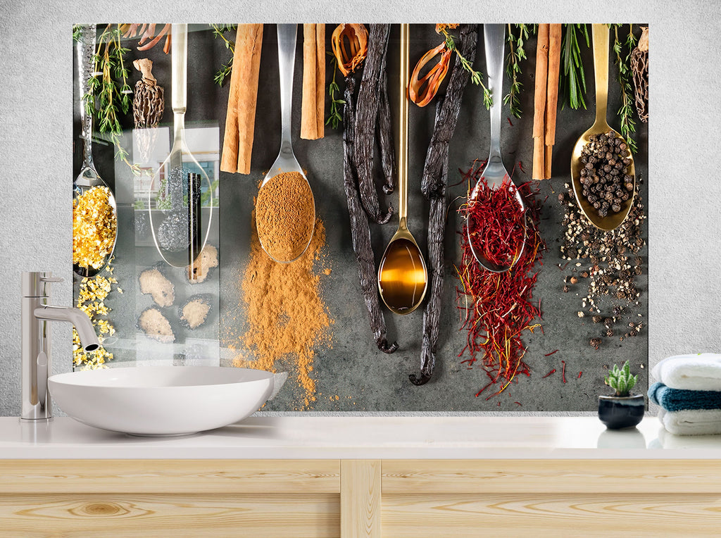 Gourmet Spice Elegance - Tempered Glass Kitchen Backsplash-BacksplashArtworks