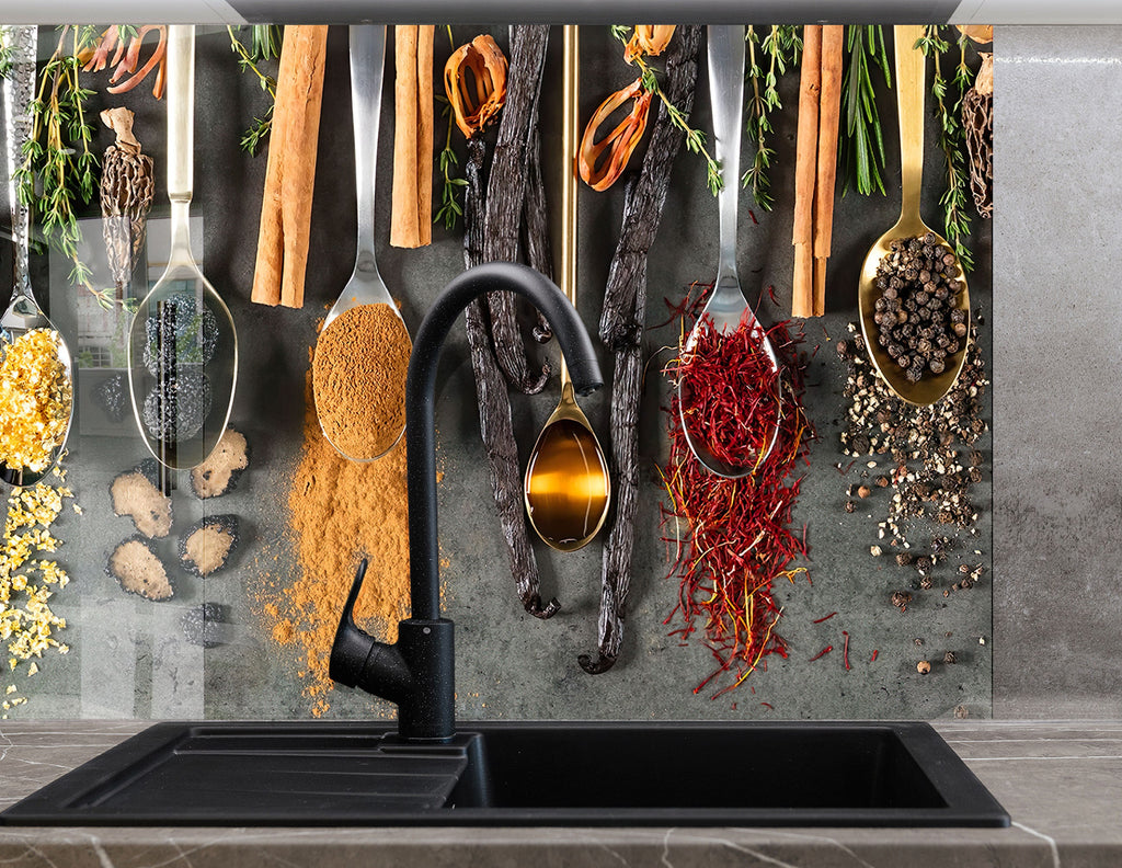 Gourmet Spice Elegance - Tempered Glass Kitchen Backsplash-BacksplashArtworks