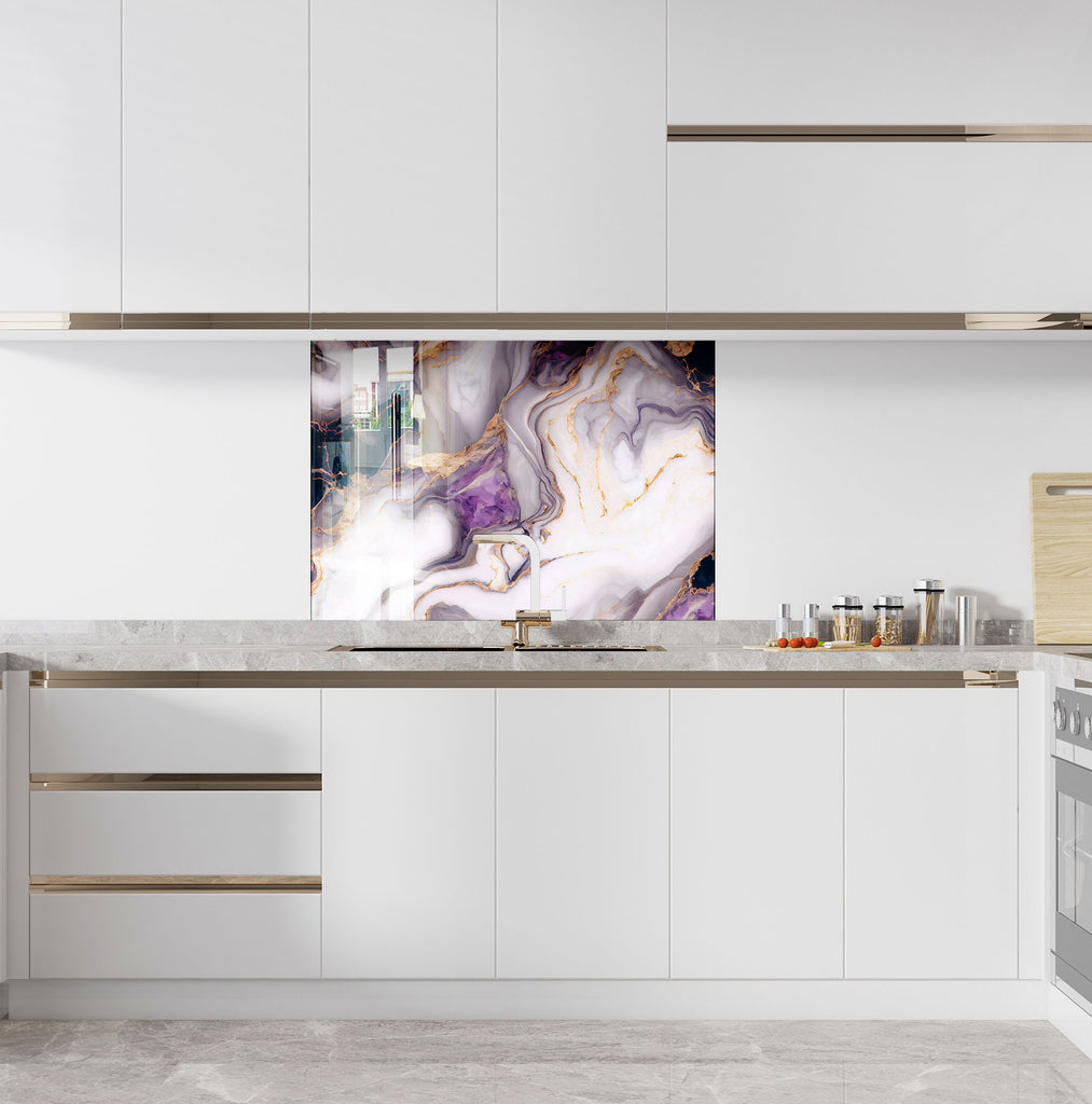 Purple & White Marble with Gold Accents - Glass Kitchen Backsplash-BacksplashArtworks