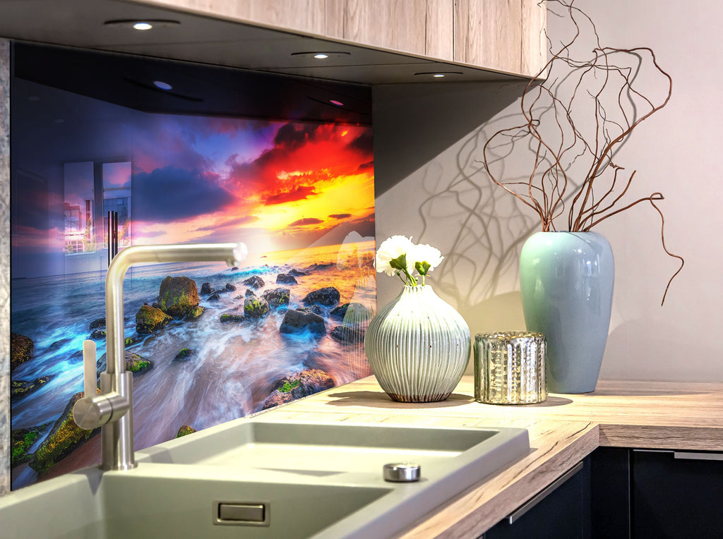 Ocean Sunset Waves - Glass Kitchen Backsplash-BacksplashArtworks