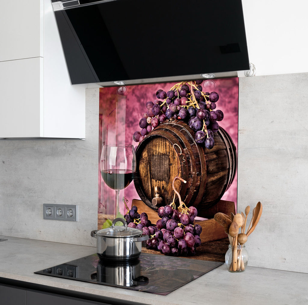 Rustic Wine Barrel Glass Backsplash – Purple Vineyard Grapes Decor-BacksplashArtworks