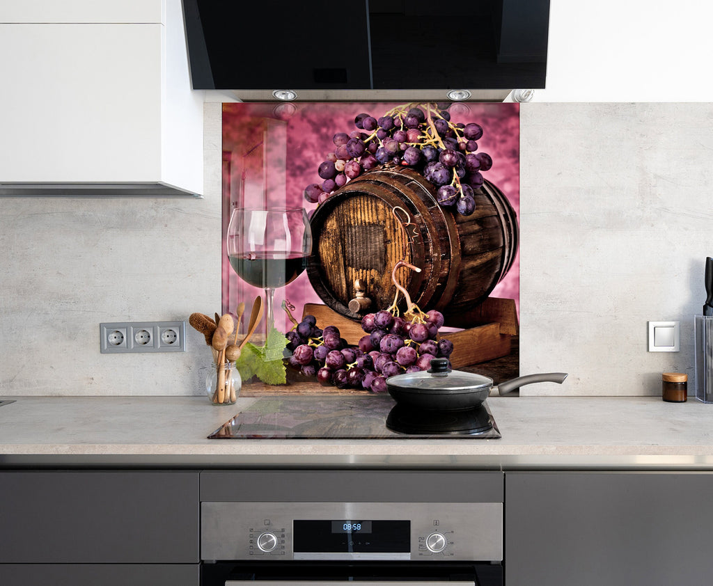 Rustic Wine Barrel Glass Backsplash – Purple Vineyard Grapes Decor-BacksplashArtworks