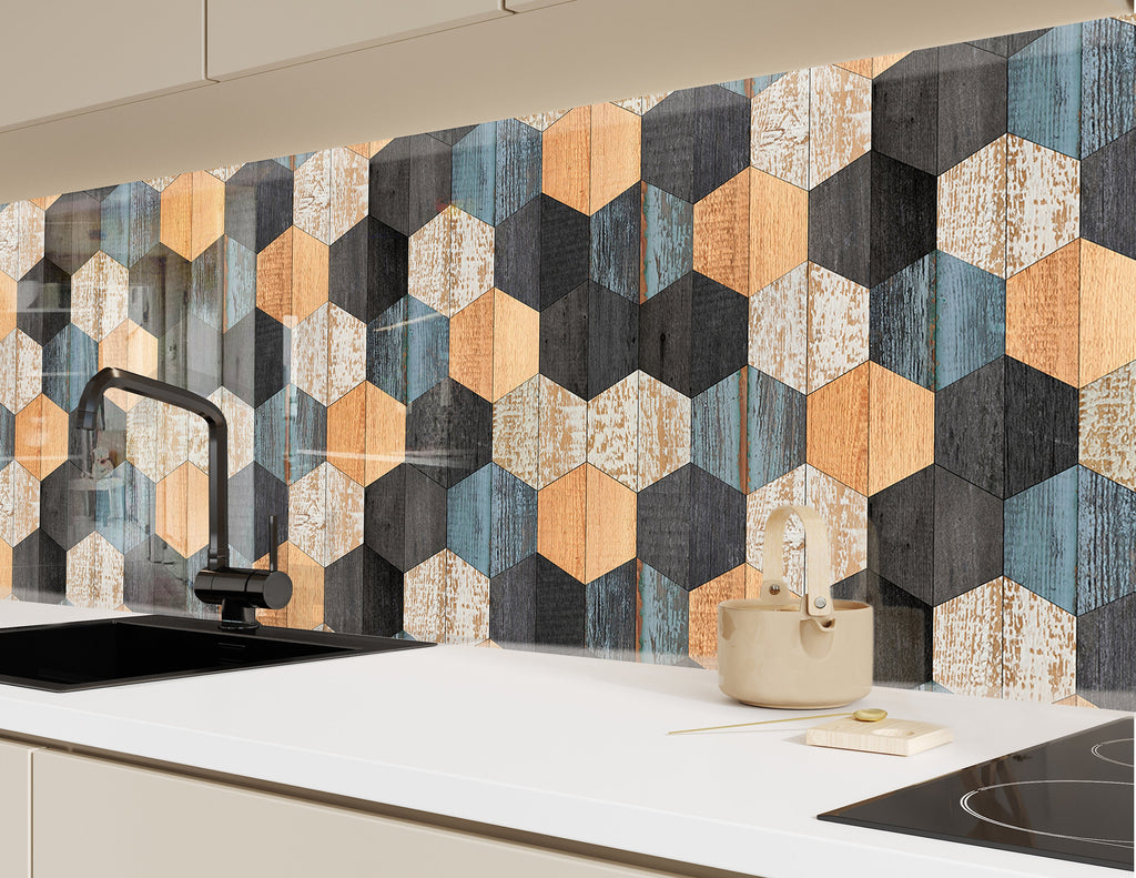 Geometric Hexagon - Glass Kitchen Backsplash-BacksplashArtworks