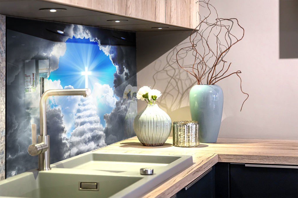 Heavenly Cross - Glass Kitchen Backsplash-BacksplashArtworks