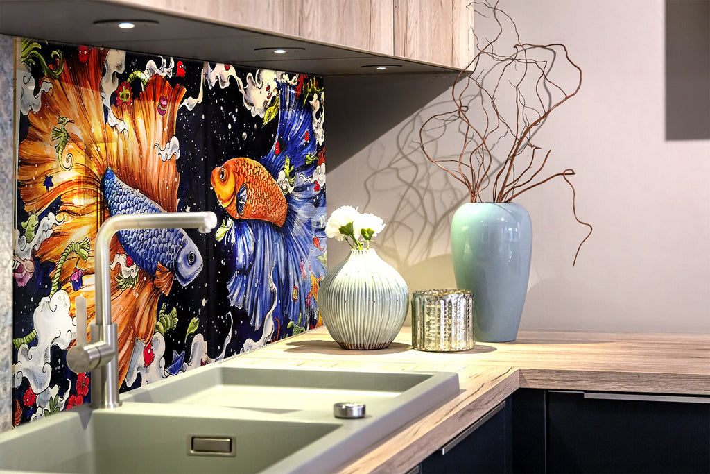 Vibrant Betta Fish Glass Kitchen Backsplash – Colorful Flowing Fish Design-BacksplashArtworks