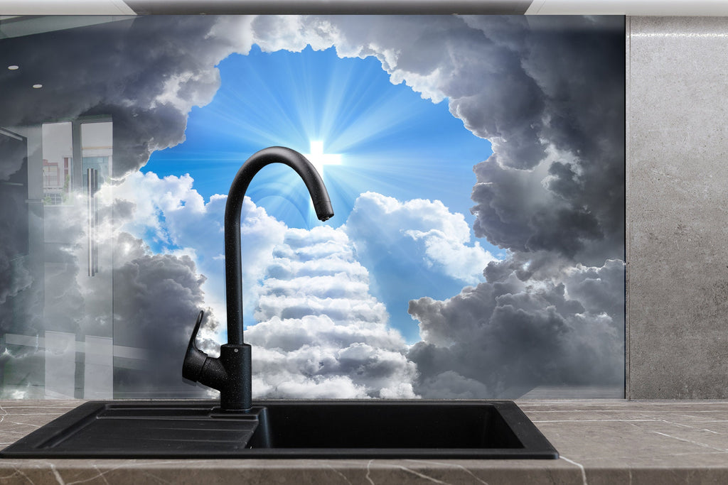 Heavenly Cross - Glass Kitchen Backsplash-BacksplashArtworks