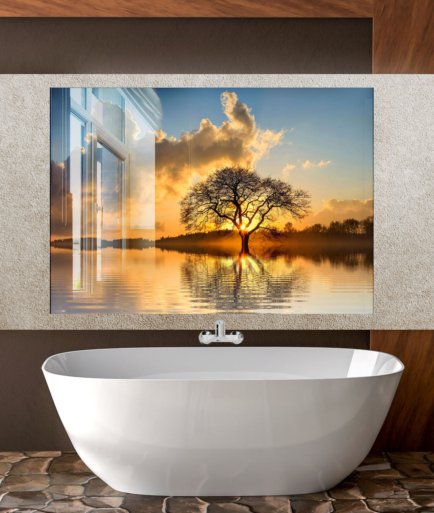 Golden Sunset Reflection – Glass Kitchen Backsplash-BacksplashArtworks