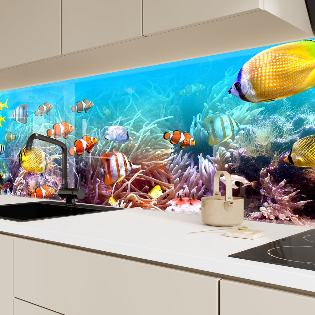 Vibrant Coral Reef Aquarium Glass Kitchen Backsplash – Fish Design-BacksplashArtworks
