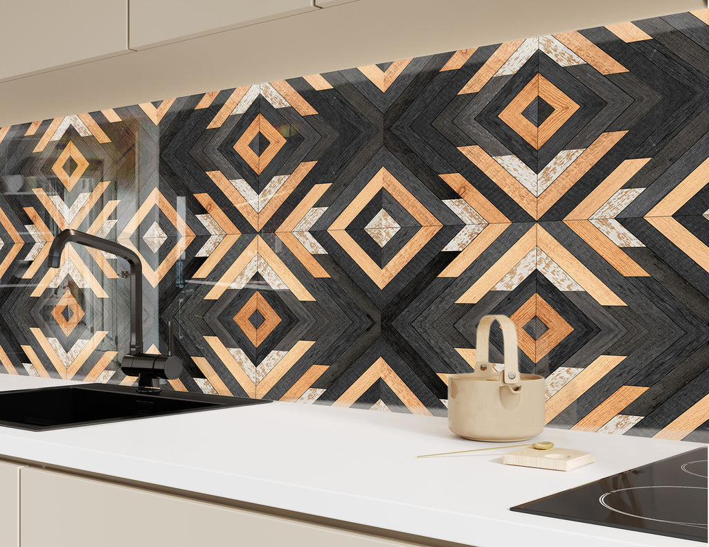 Modern Geometric Wood Design - Glass Kitchen Backsplash-BacksplashArtworks