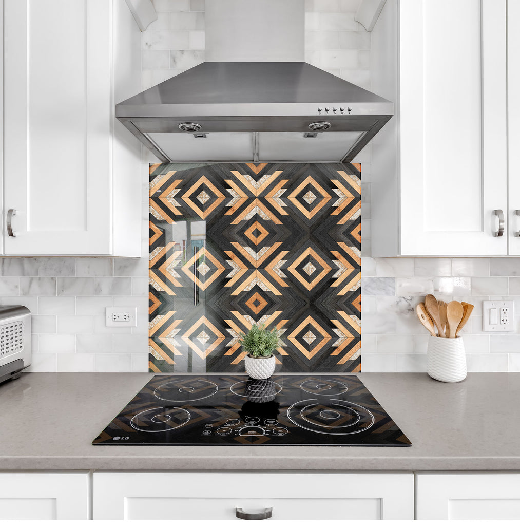 Modern Geometric Wood Design - Glass Kitchen Backsplash-BacksplashArtworks
