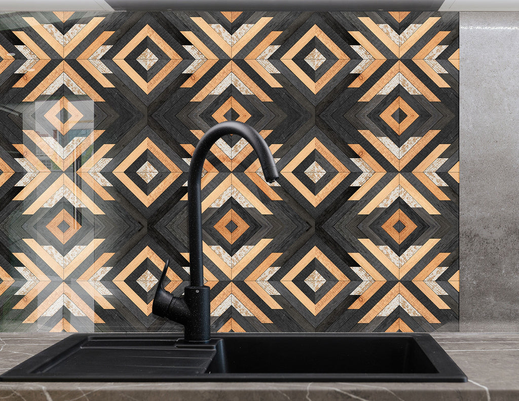 Modern Geometric Wood Design - Glass Kitchen Backsplash-BacksplashArtworks