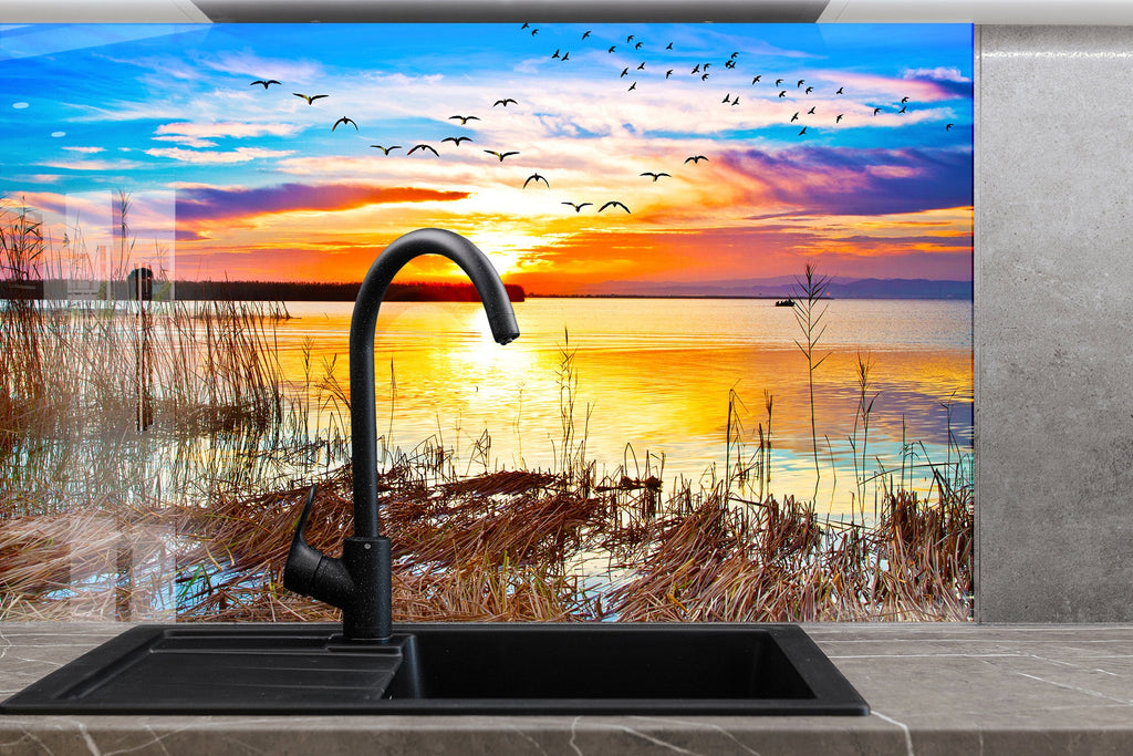 Golden Sunset Lake – Glass Kitchen Backsplash-BacksplashArtworks
