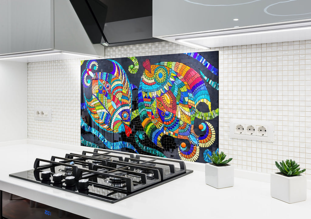 Mosaic Glass Kitchen Backsplash with Colorful Abstract Fish Design-BacksplashArtworks
