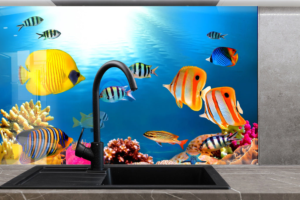 Vibrant Tropical Fish Glass Kitchen Backsplash – Colorful Coral Reef Design-BacksplashArtworks