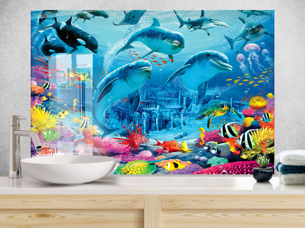 Vibrant Ocean Life Glass Kitchen Backsplash – Dolphin & Coral Reef Design-BacksplashArtworks