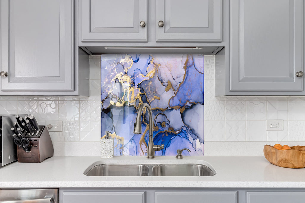 Golden Veins on Blue Marble - Glass Kitchen Backsplash-BacksplashArtworks