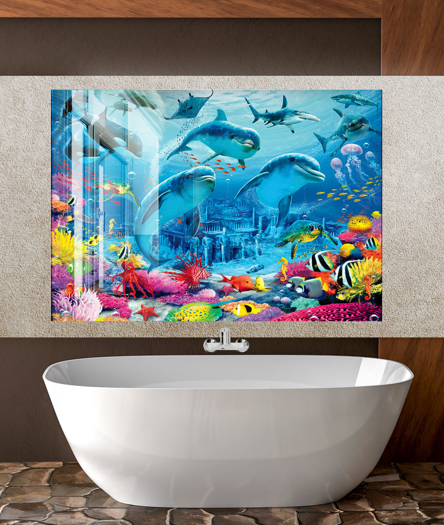 Vibrant Ocean Life Glass Kitchen Backsplash – Dolphin & Coral Reef Design-BacksplashArtworks