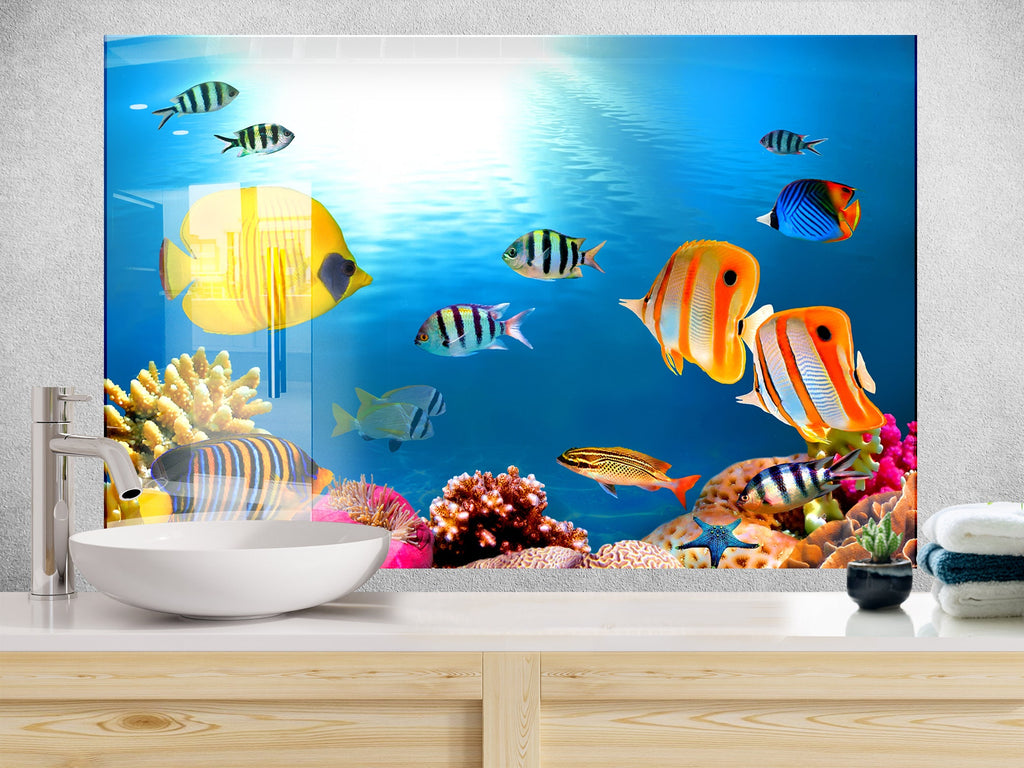 Vibrant Tropical Fish Glass Kitchen Backsplash – Colorful Coral Reef Design-BacksplashArtworks