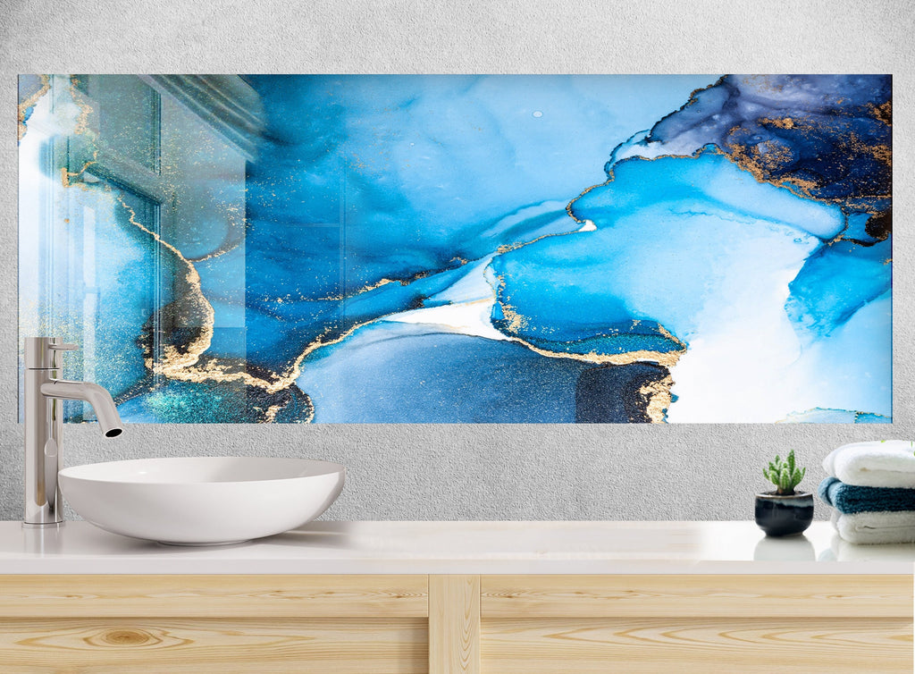 Blue Gold Abstract Marble - Glass Kitchen Backsplash-BacksplashArtworks