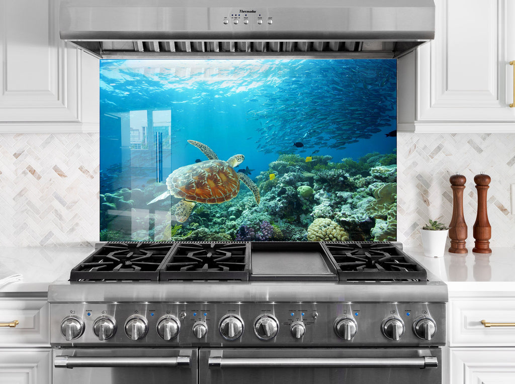 Vibrant Ocean Life Glass Kitchen Backsplash – Sea Turtle & Coral Reef Design-BacksplashArtworks