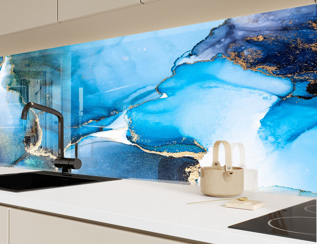 Blue Gold Abstract Marble - Glass Kitchen Backsplash-BacksplashArtworks
