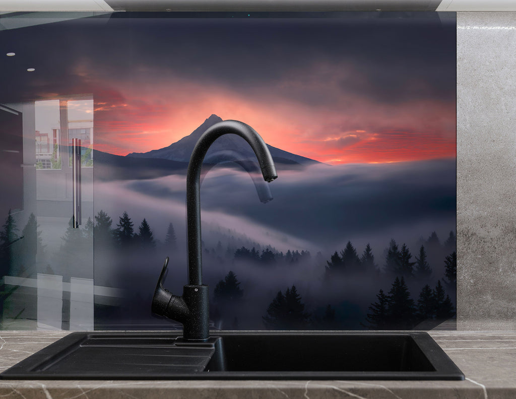 Misty Mountain Sunset – Glass Kitchen Backsplash-BacksplashArtworks