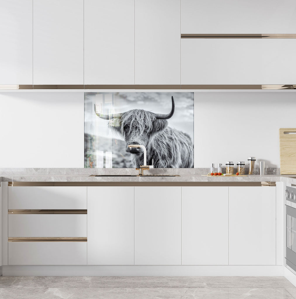 Grey Scottish Cow - Glass Kitchen Backsplash-BacksplashArtworks
