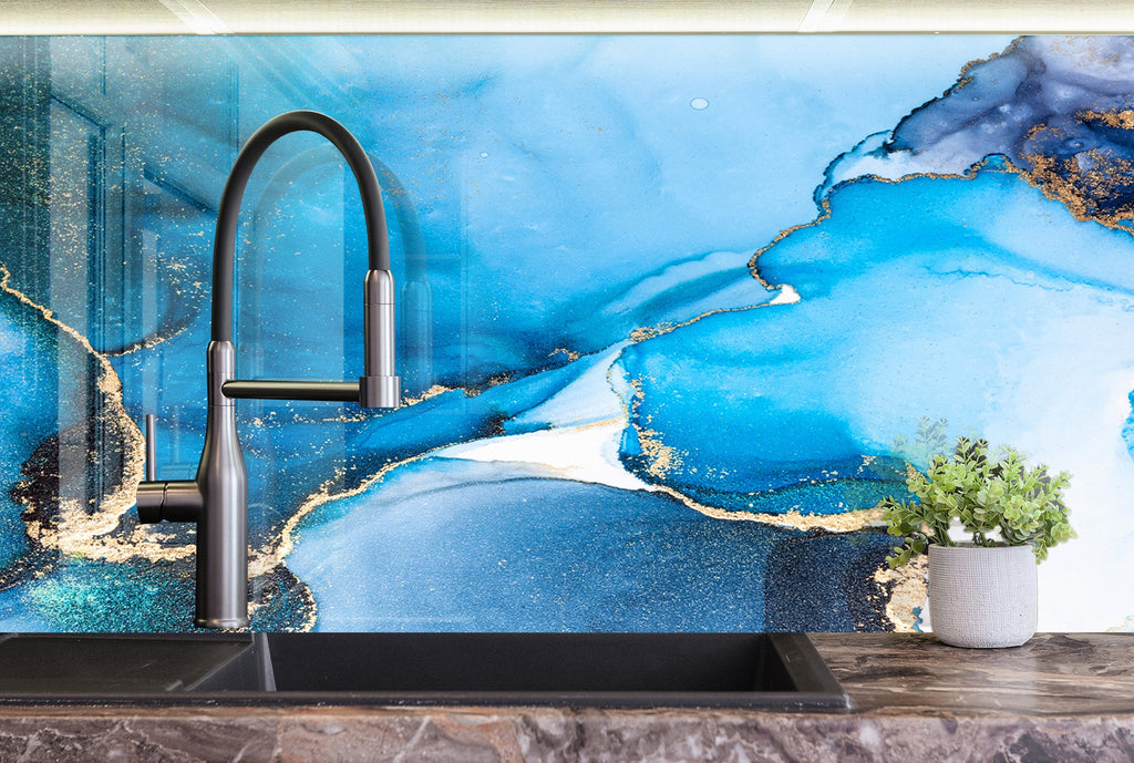 Blue Gold Abstract Marble - Glass Kitchen Backsplash-BacksplashArtworks