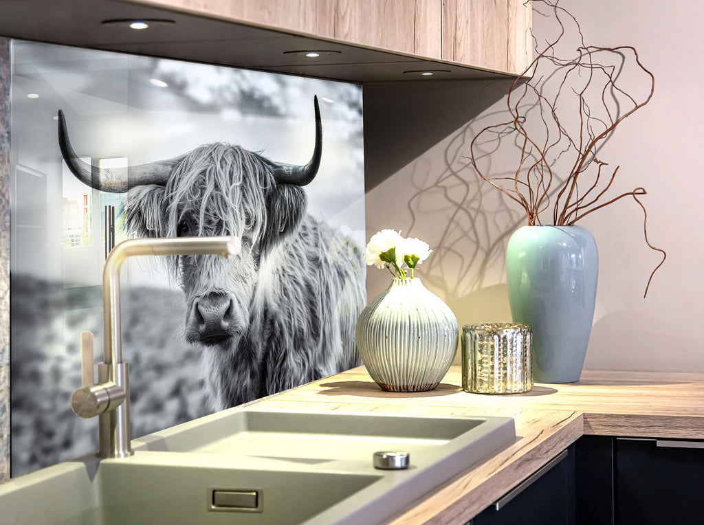 Grey Scottish Cow - Glass Kitchen Backsplash-BacksplashArtworks