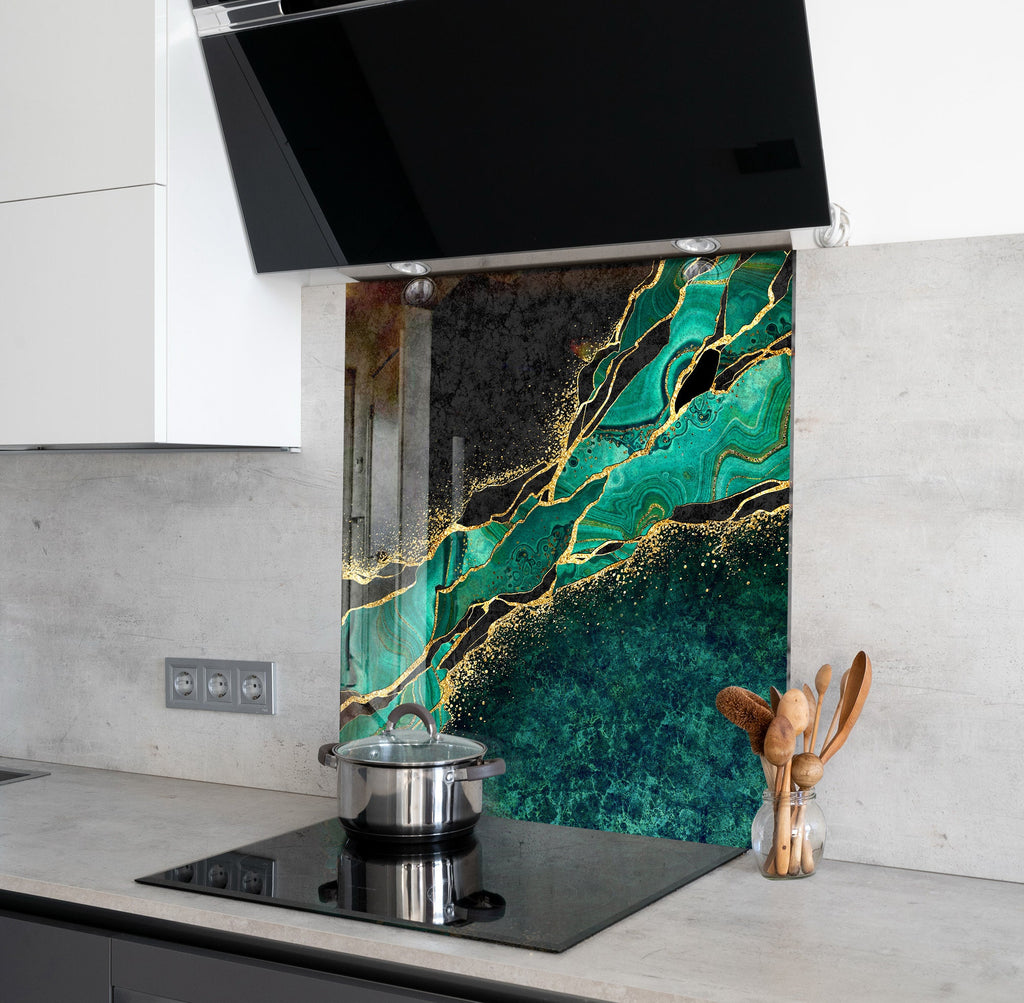 Emerald & Gold Fluid Art - Glass Kitchen Backsplash-BacksplashArtworks