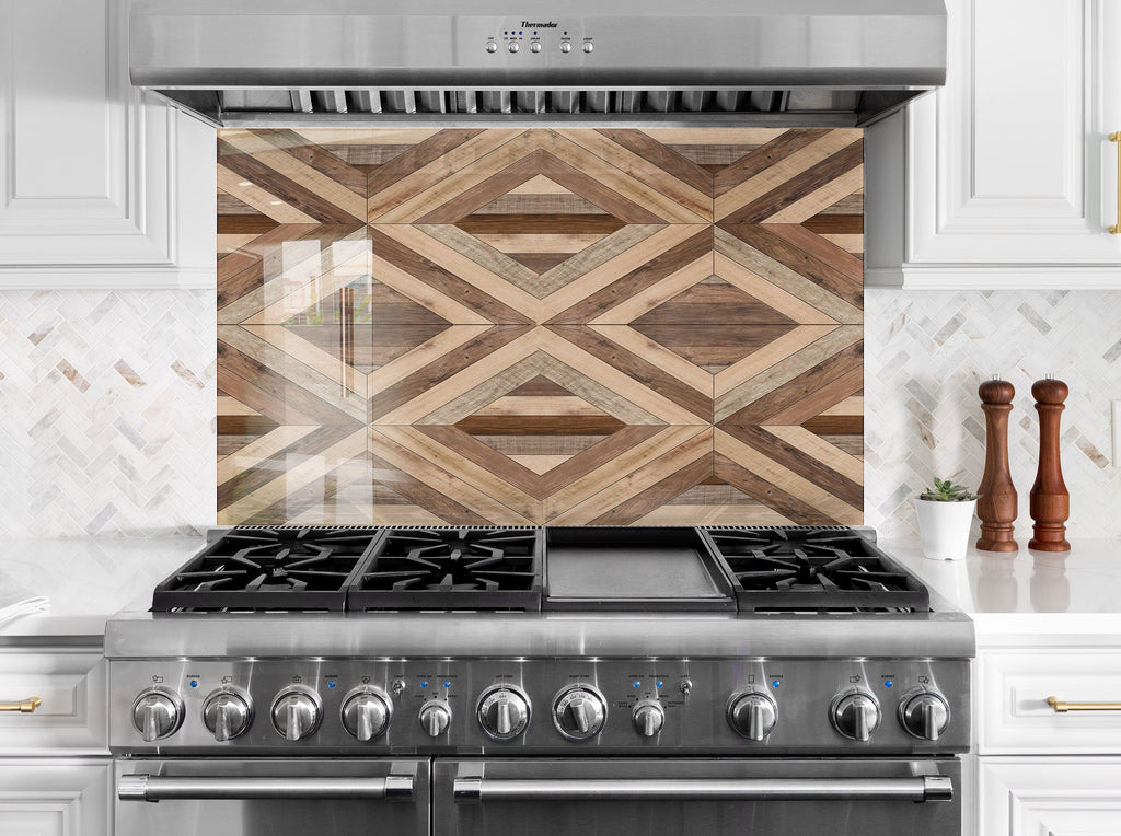 Geometric Wood Pattern - Glass Kitchen Backsplash-BacksplashArtworks