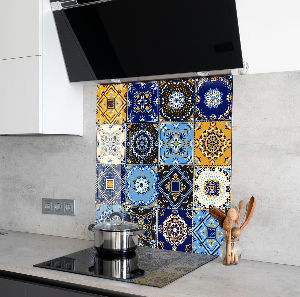 Vibrant Blue and Yellow Moroccan Tile Mosaic Glass Kitchen Backsplash-BacksplashArtworks