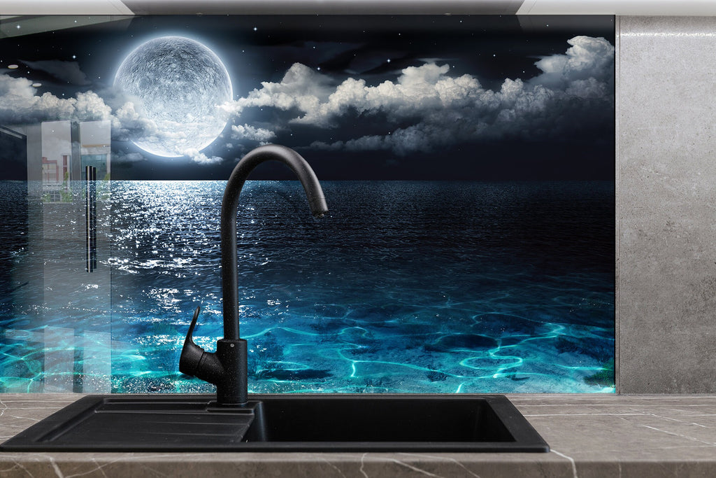 Moonlit Ocean Night Wall Art - Tempered Glass Kitchen Backsplash-BacksplashArtworks