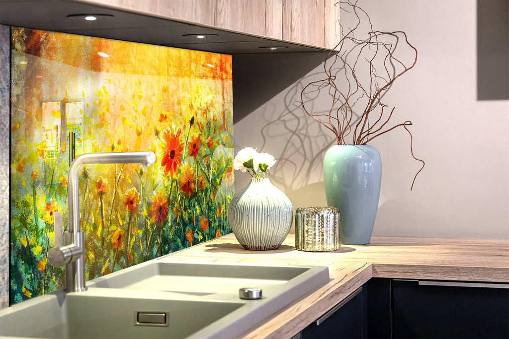 Botanical Floral Tempered Glass Backsplash-BacksplashArtworks