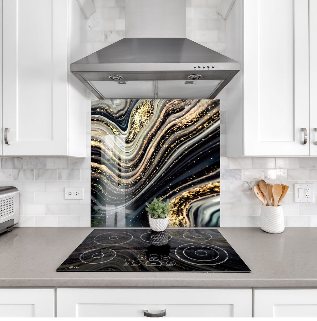 Golden Waves - Glass Kitchen Backsplash-BacksplashArtworks
