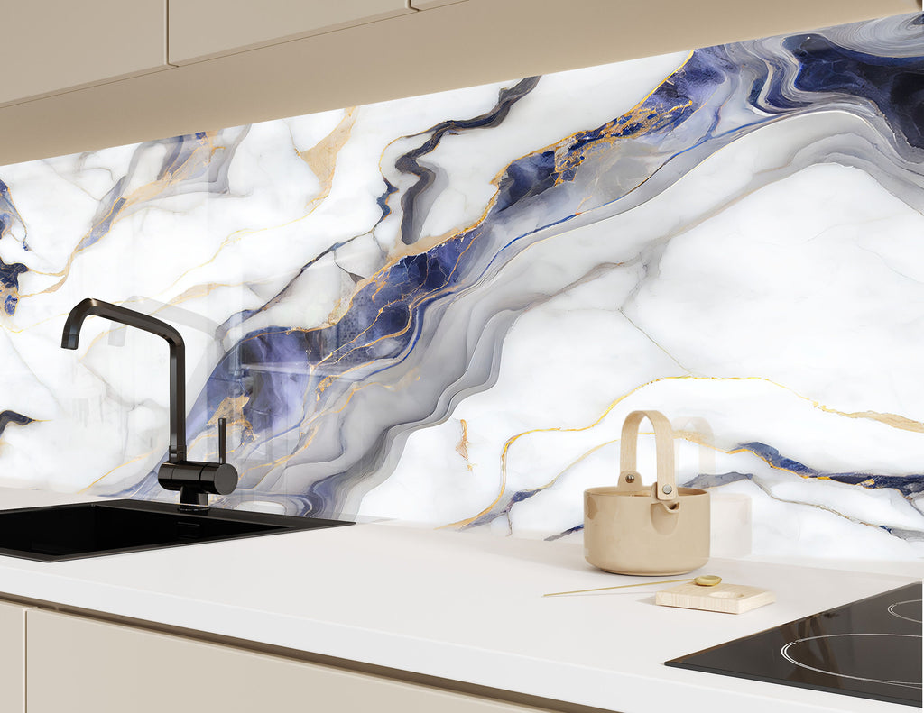 Marble Swirls in Blue and Gold - Glass Kitchen Backsplash-BacksplashArtworks