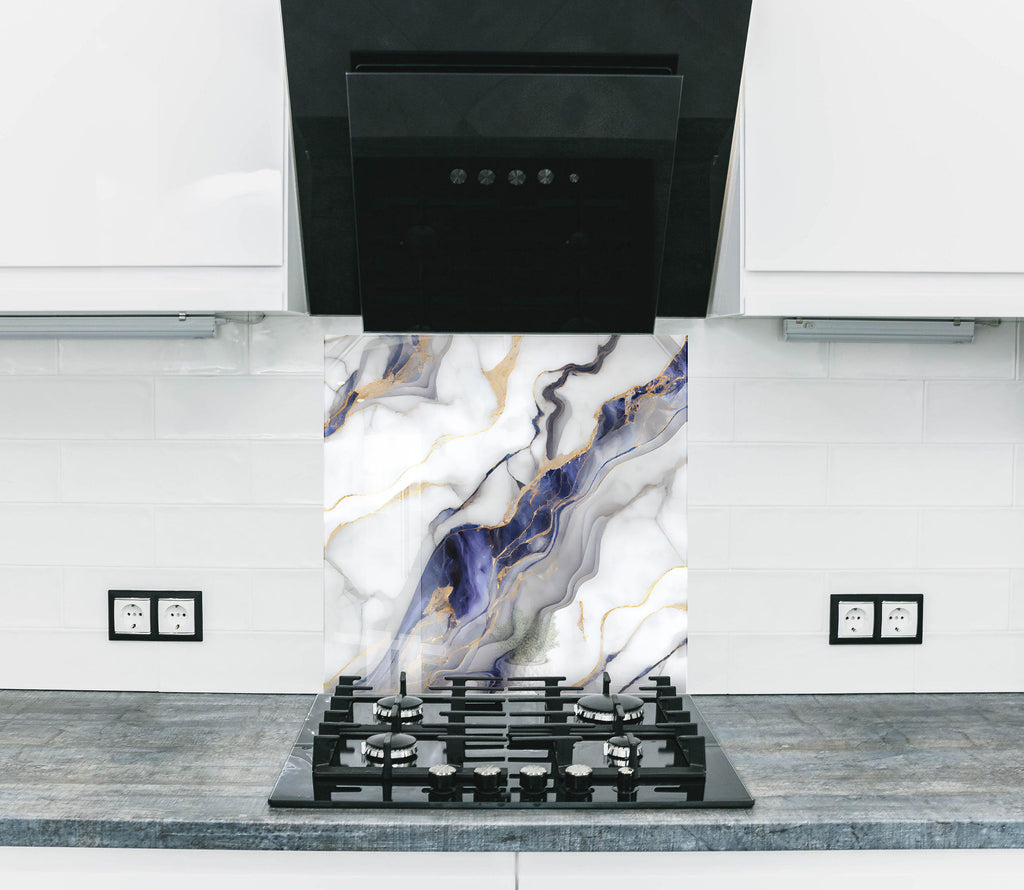 Marble Swirls in Blue and Gold - Glass Kitchen Backsplash-BacksplashArtworks