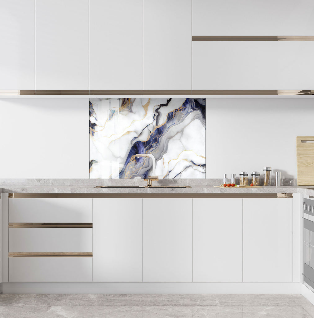 Marble Swirls in Blue and Gold - Glass Kitchen Backsplash-BacksplashArtworks