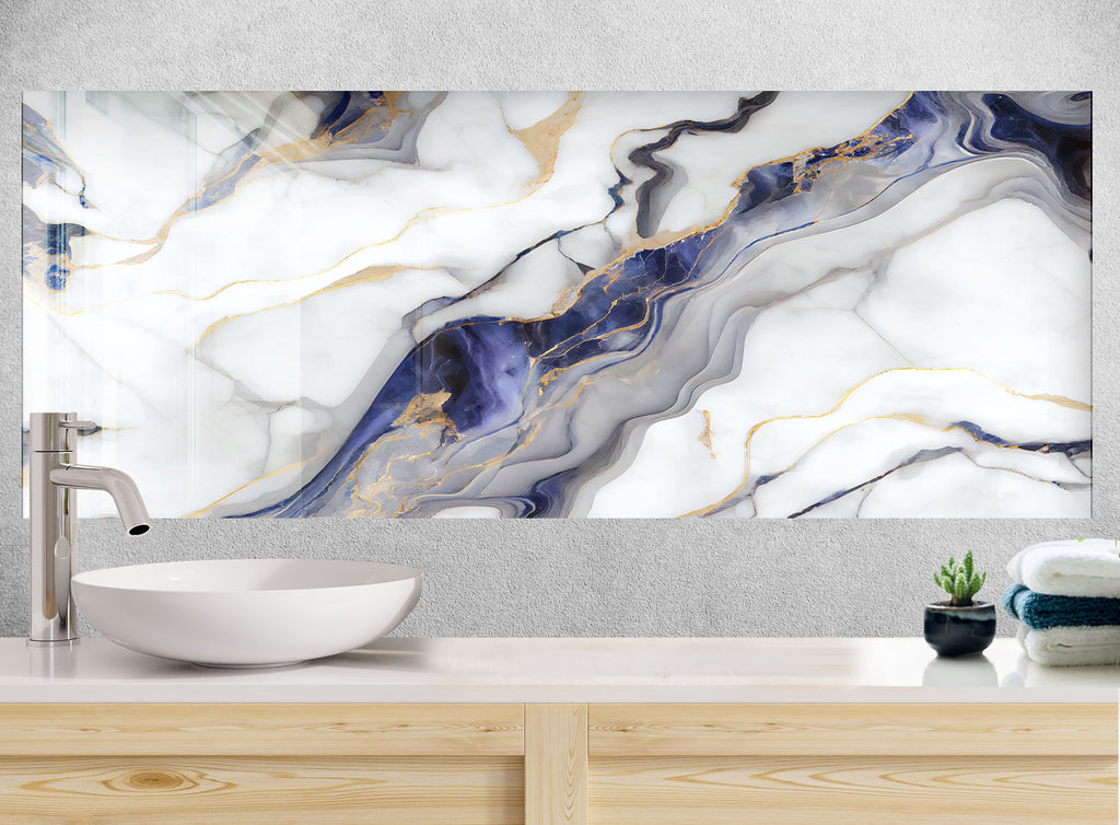 Marble Swirls in Blue and Gold - Glass Kitchen Backsplash-BacksplashArtworks