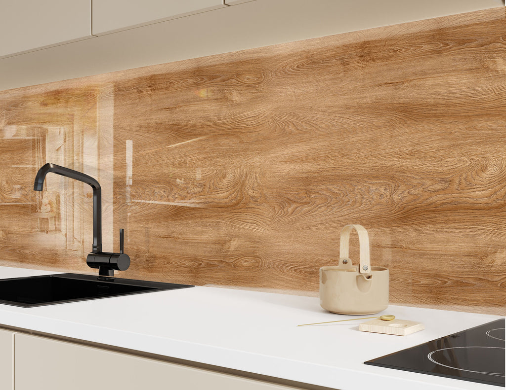 Natural Oak Wood - Glass Kitchen Backsplash-BacksplashArtworks