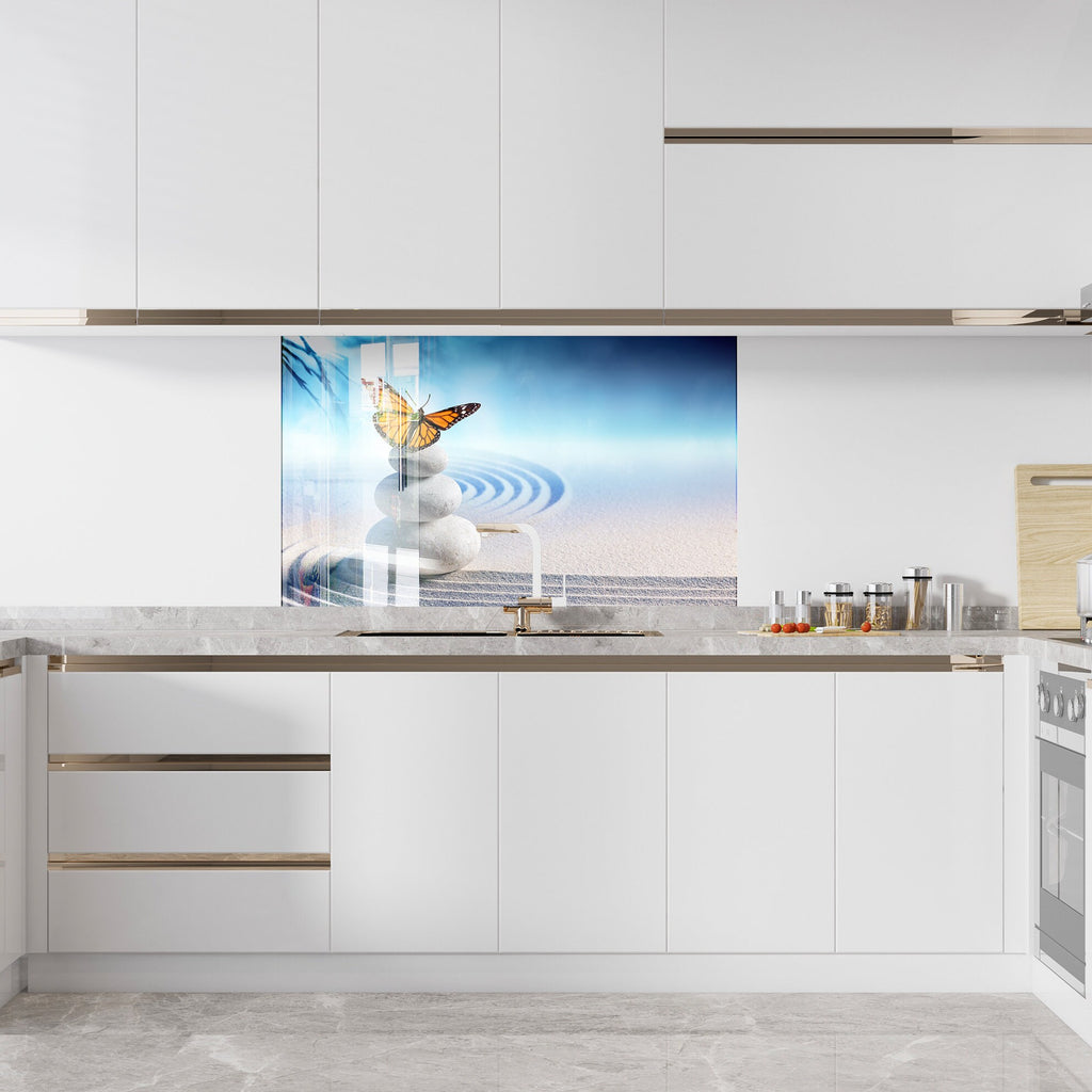 Zen Serenity – Butterfly & Stones - Glass Kitchen Backsplash-BacksplashArtworks