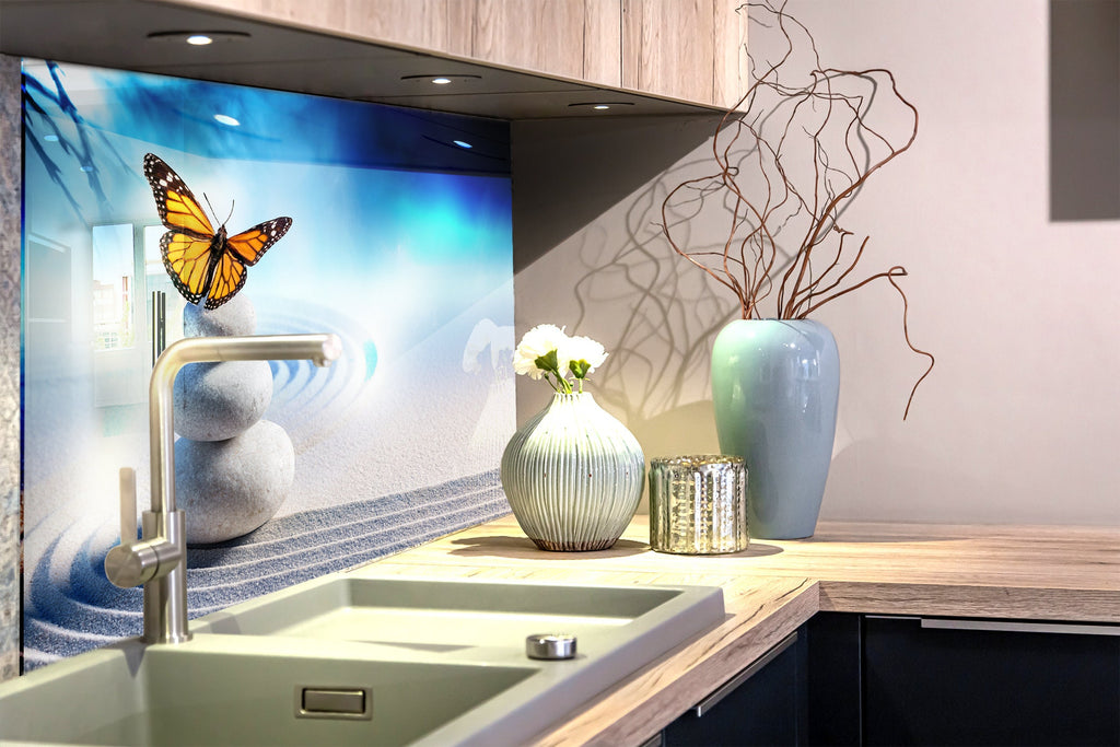 Zen Serenity – Butterfly & Stones - Glass Kitchen Backsplash-BacksplashArtworks