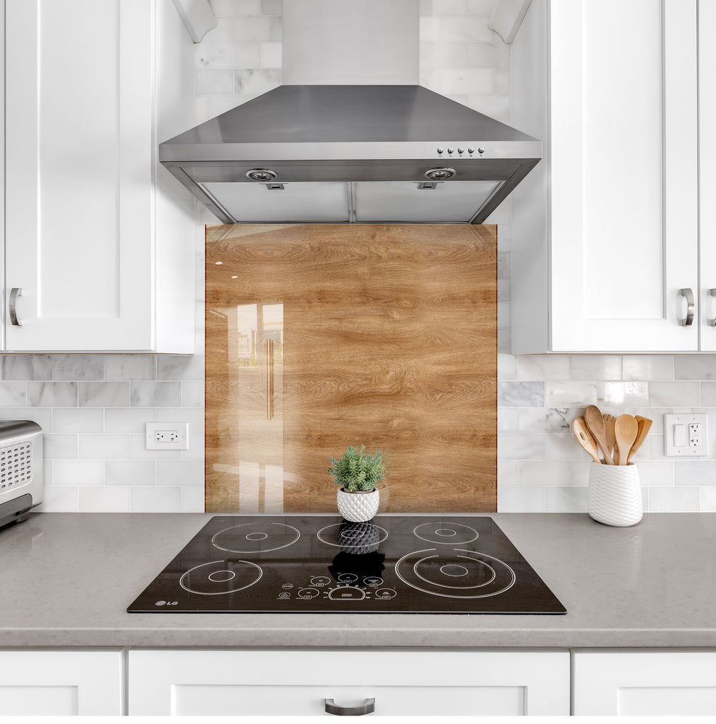 Natural Oak Wood - Glass Kitchen Backsplash-BacksplashArtworks