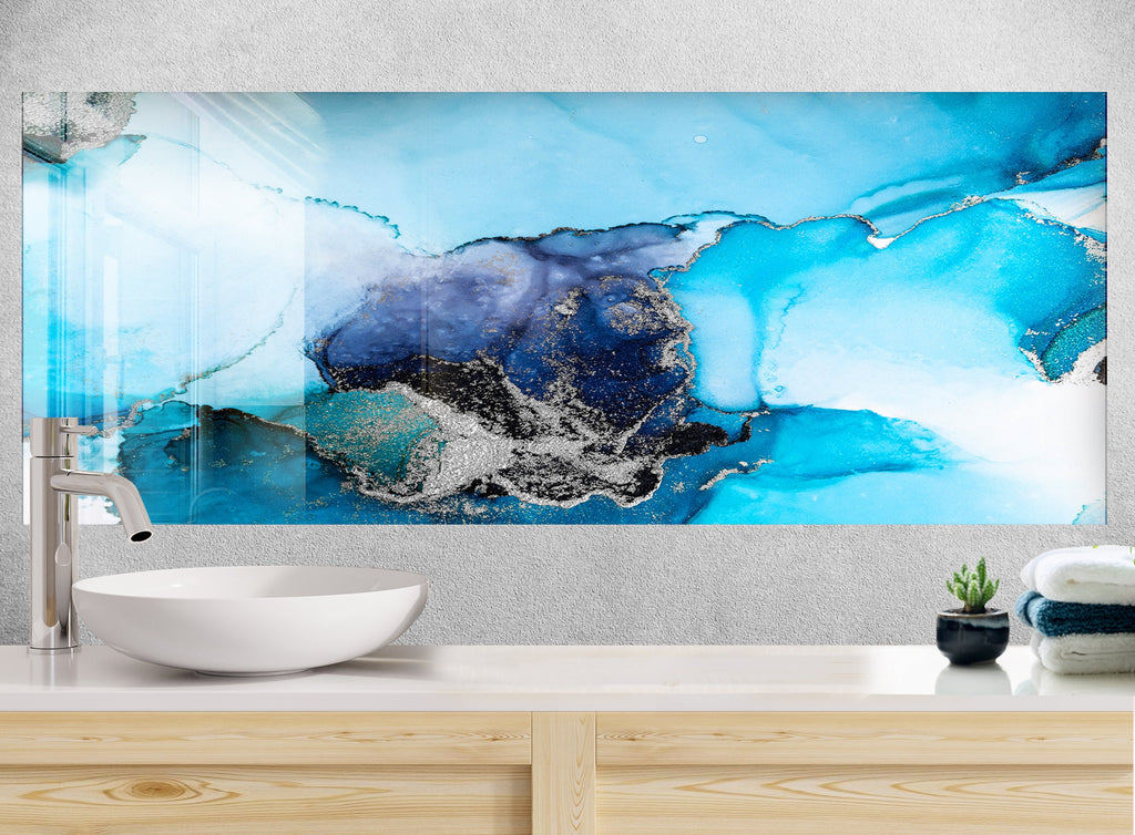 Tranquil Blue Waves - Glass Bathroom Backsplash-BacksplashArtworks